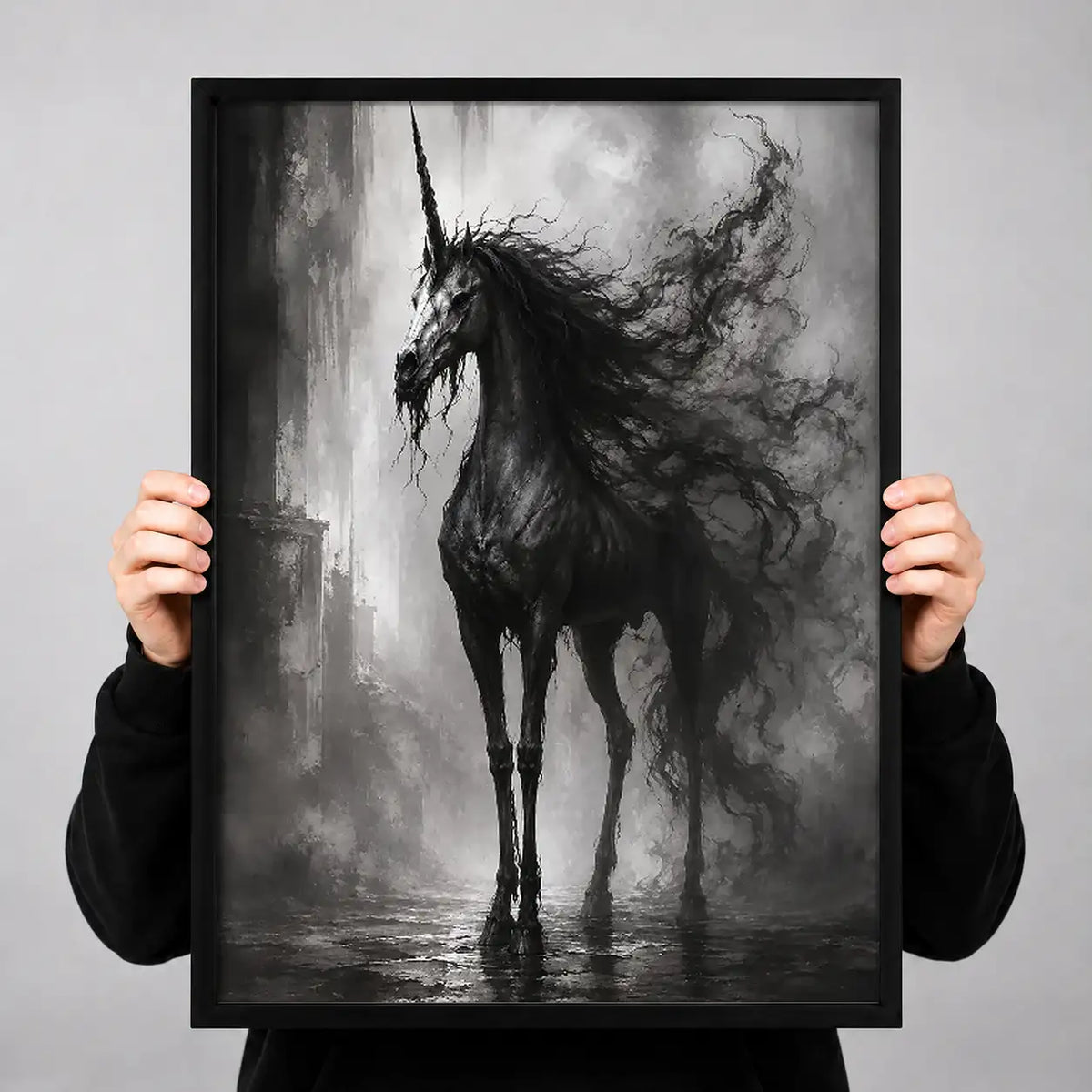Shadowy Black Horse in Mist Wall Art 3