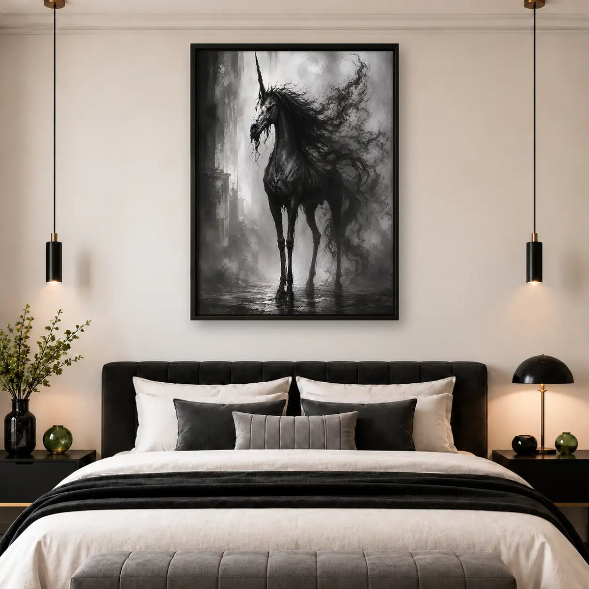 Shadowy Black Horse in Mist Wall Art 4