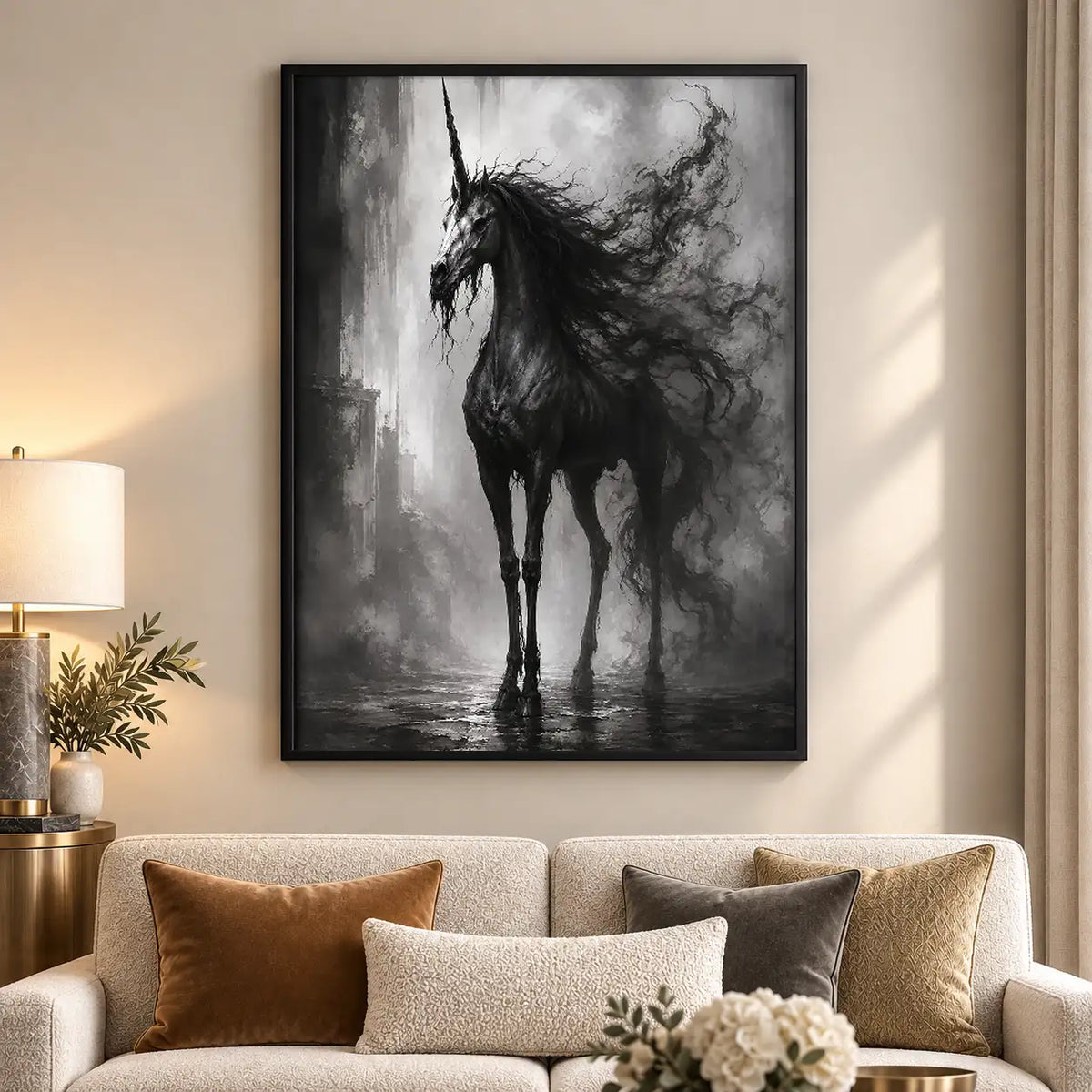 Shadowy Black Horse in Mist Wall Art 5