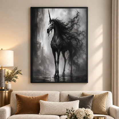 Shadowy Black Horse in Mist Wall Art 5
