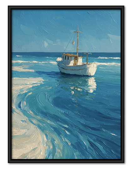 Small Fishing Boat on Blue Sea Wall Art