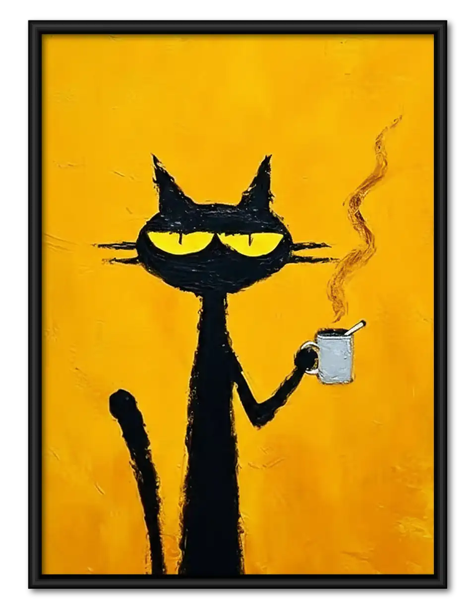 Smoking Black Cat on Yellow Wall Art 1