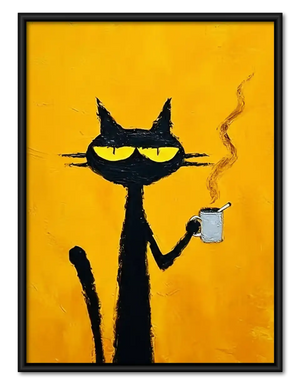 Smoking Black Cat on Yellow Wall Art