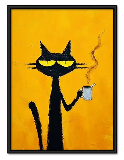 Smoking Black Cat on Yellow Wall Art