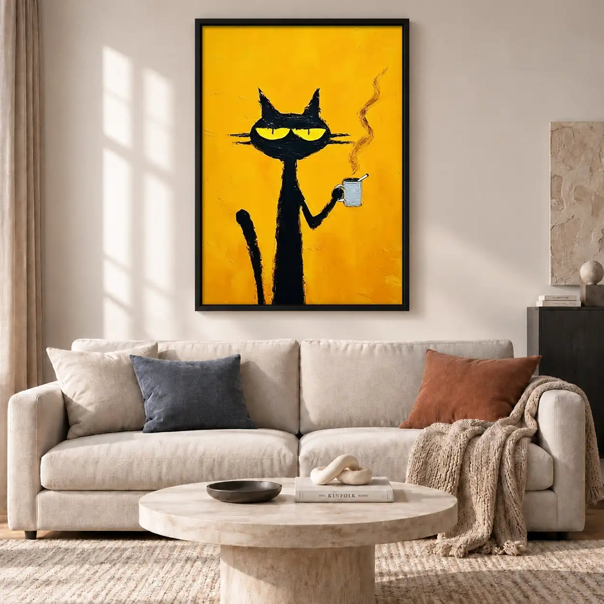Smoking Black Cat on Yellow Wall Art 2