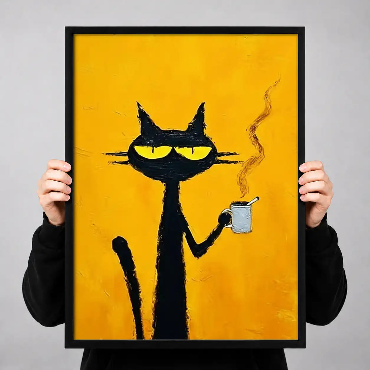 Smoking Black Cat on Yellow Wall Art 3
