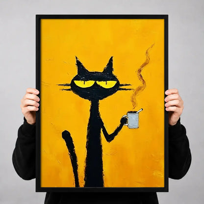 Smoking Black Cat on Yellow Wall Art 3