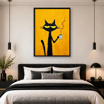 Smoking Black Cat on Yellow Wall Art 4