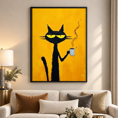 Smoking Black Cat on Yellow Wall Art 5
