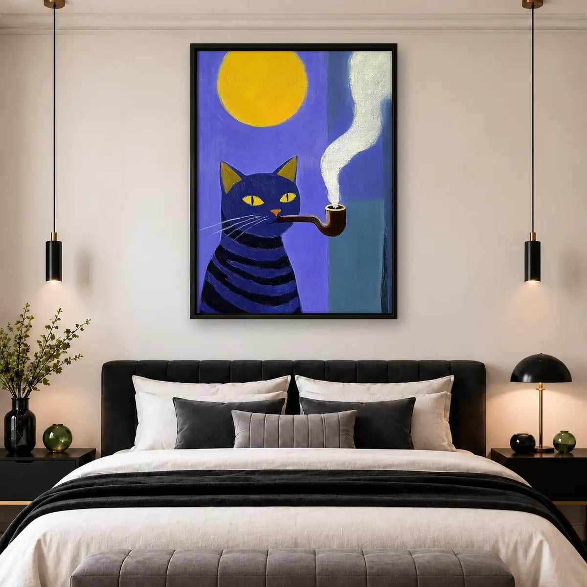 Smoking Purple Cat under Yellow Moon Wall Art 4