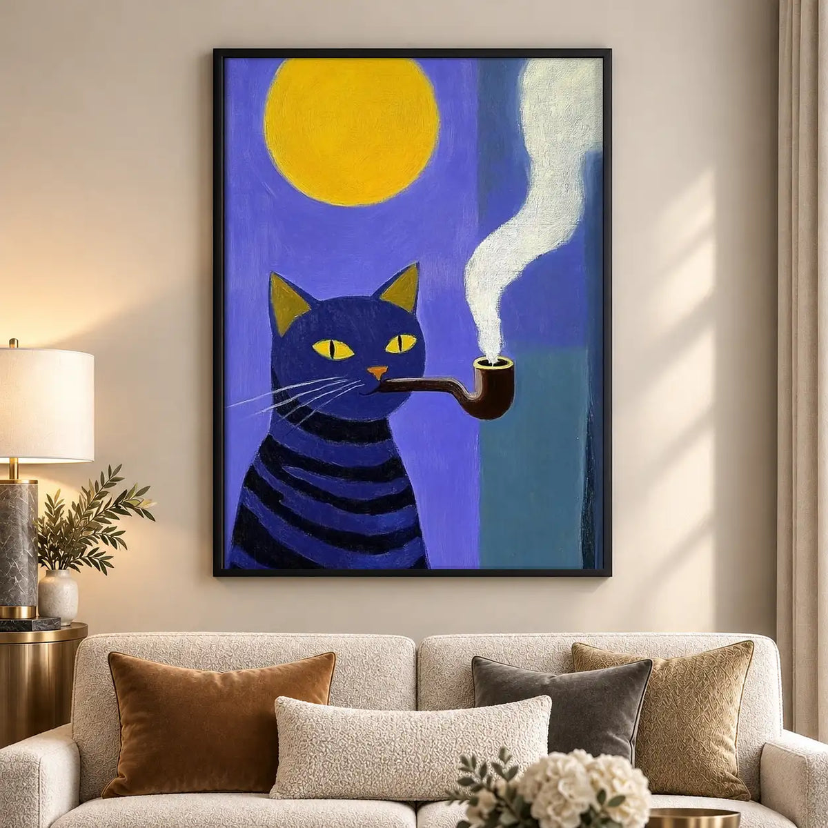 Smoking Purple Cat under Yellow Moon Wall Art 5