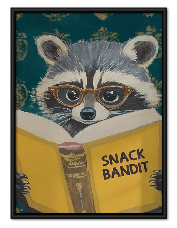 Snack Bandit Raccoon Reading Yellow Book Wall Art