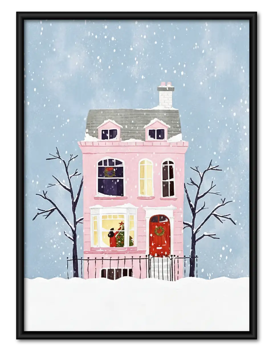 Snowy Pink Townhouse Winter Wall Art 1