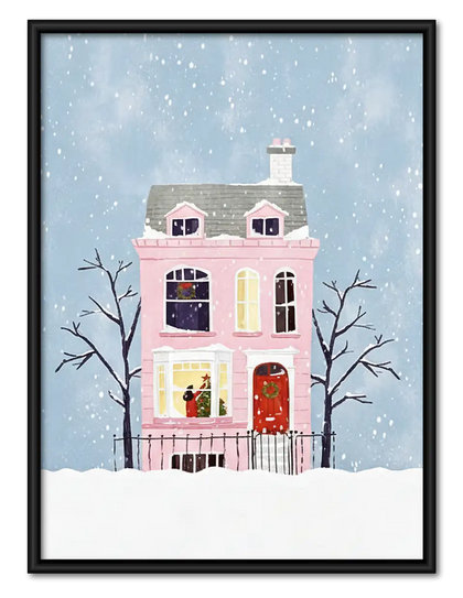 Snowy Pink Townhouse Winter Wall Art