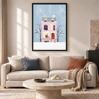 Snowy Pink Townhouse Winter Wall Art 2