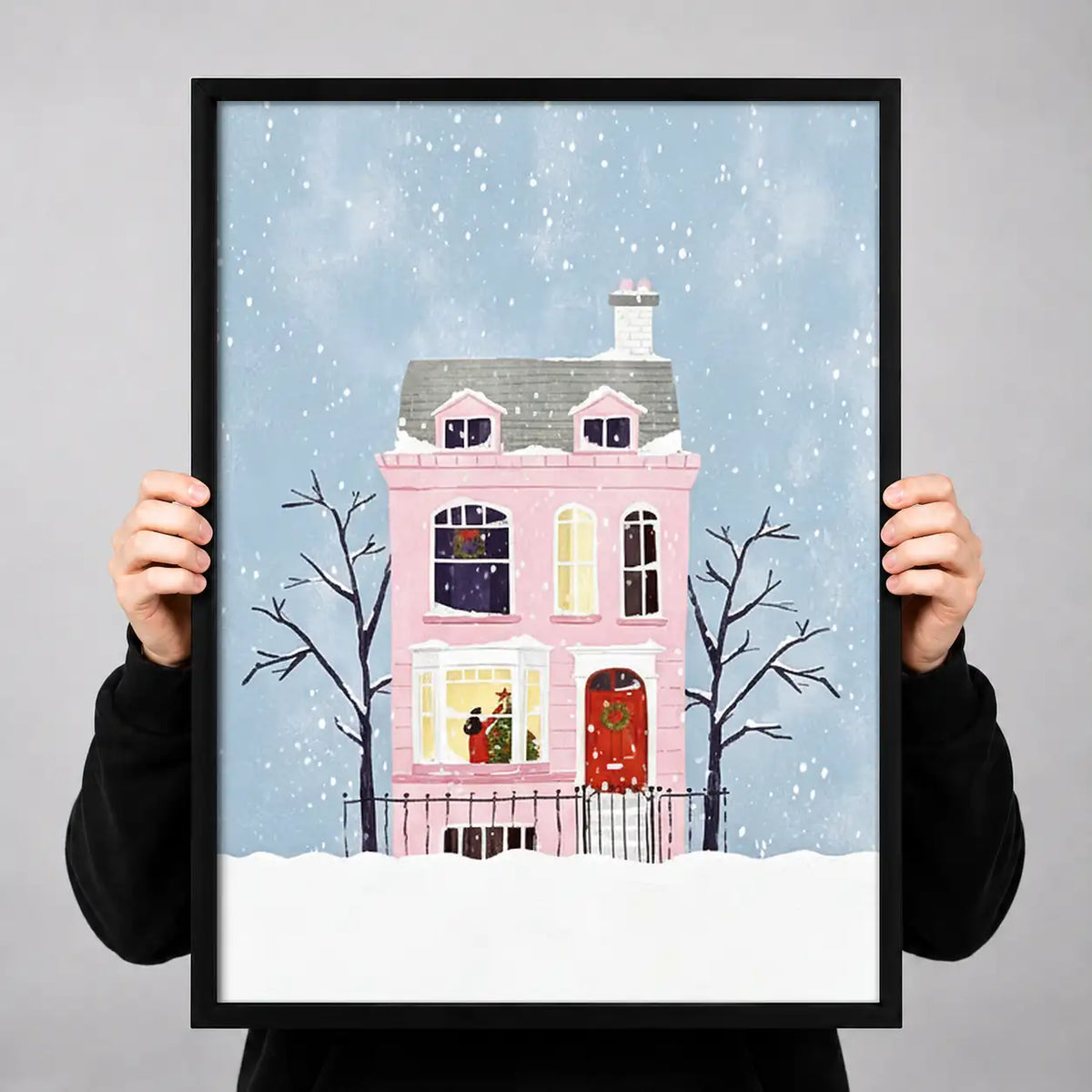 Snowy Pink Townhouse Winter Wall Art 3