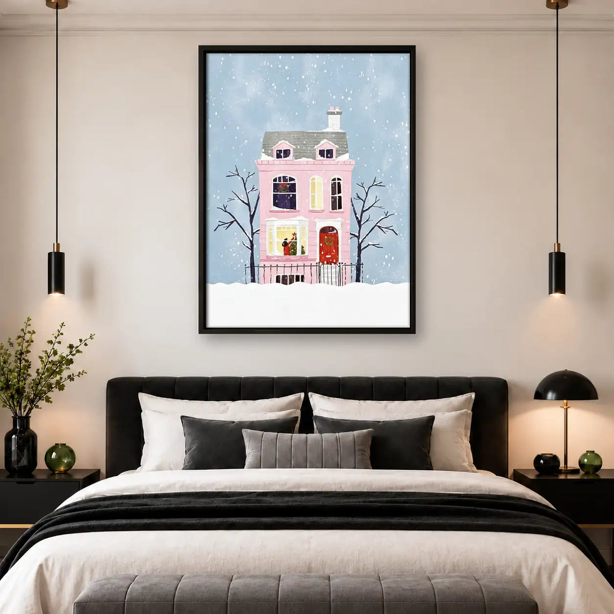 Snowy Pink Townhouse Winter Wall Art 4