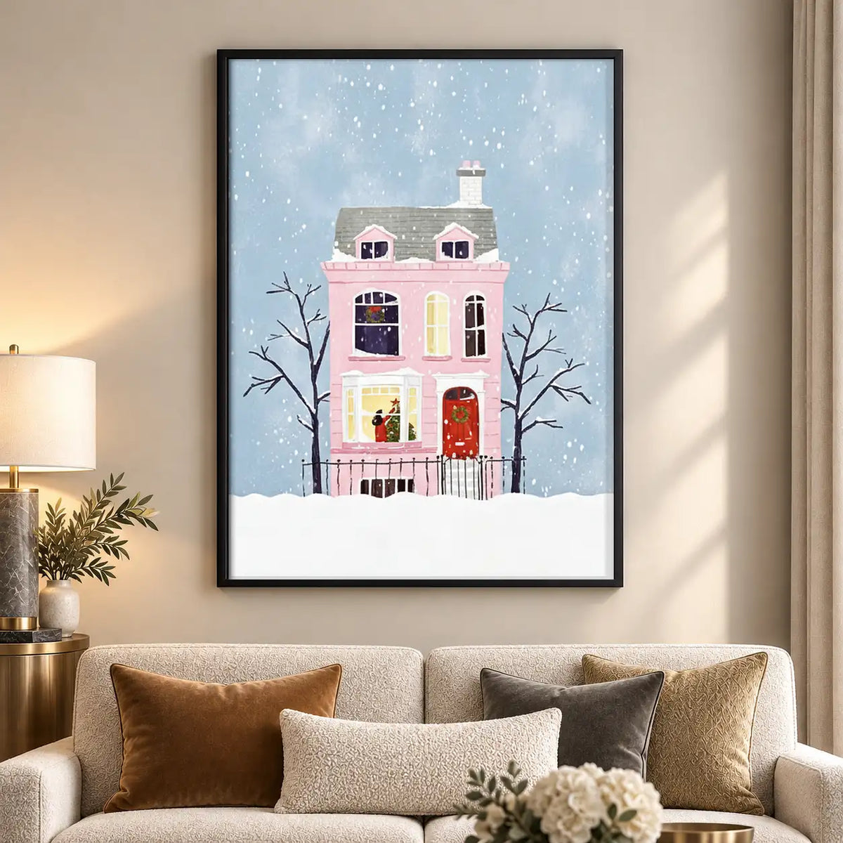 Snowy Pink Townhouse Winter Wall Art 5