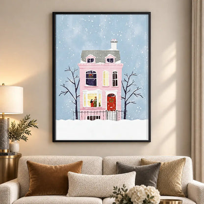 Snowy Pink Townhouse Winter Wall Art 5