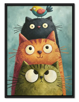 Stacked Cats with Tiny Bird Wall Art