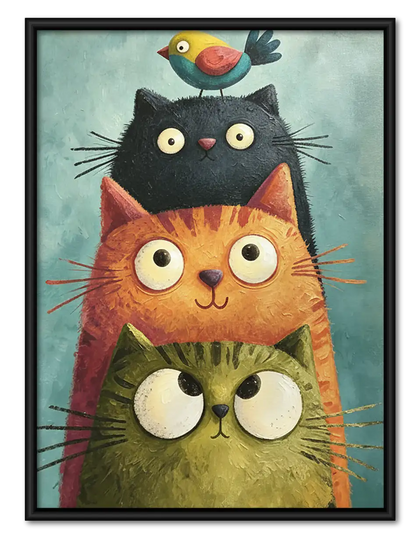 Stacked Cats with Tiny Bird Wall Art