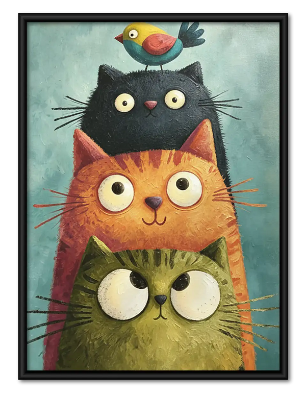 Stacked Cats with Tiny Bird Wall Art