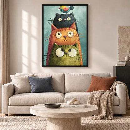Stacked Cats with Tiny Bird Wall Art 2