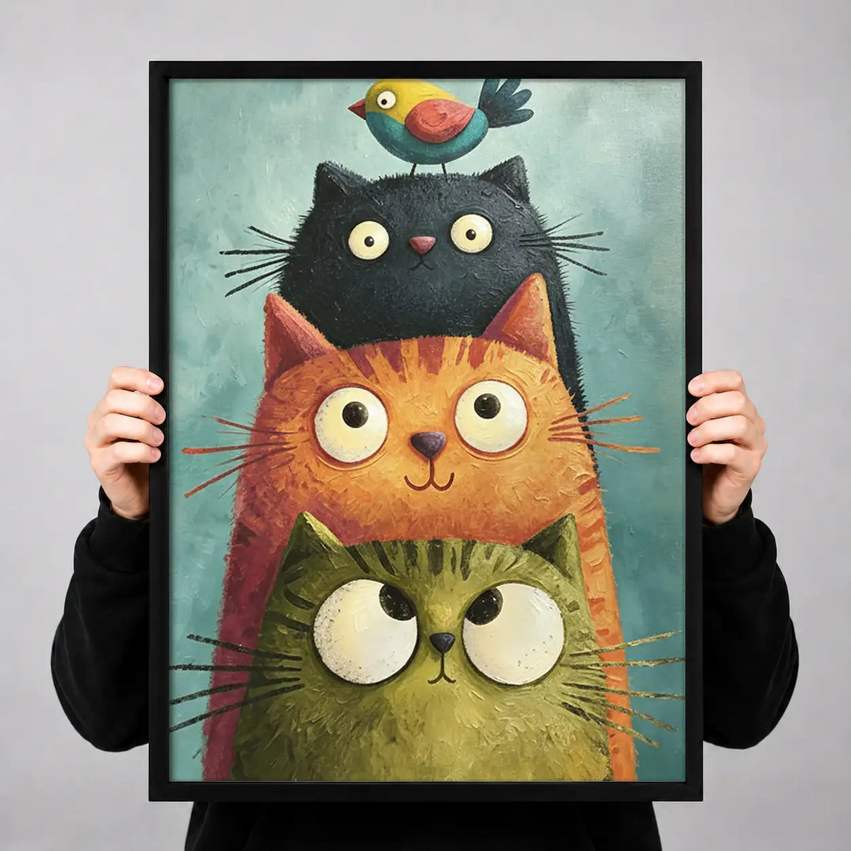 Stacked Cats with Tiny Bird Wall Art 3