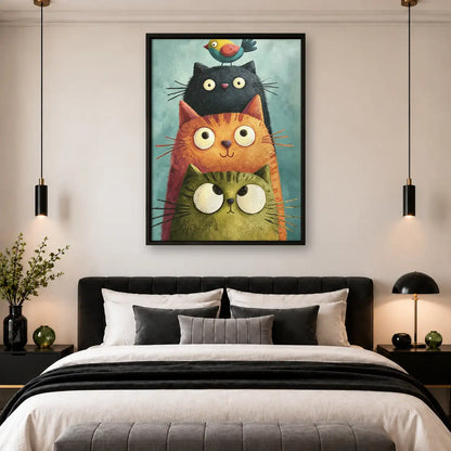 Stacked Cats with Tiny Bird Wall Art 4