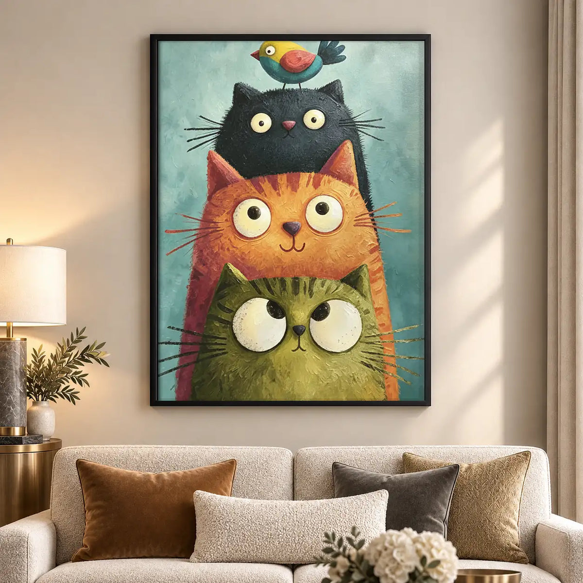 Stacked Cats with Tiny Bird Wall Art 5
