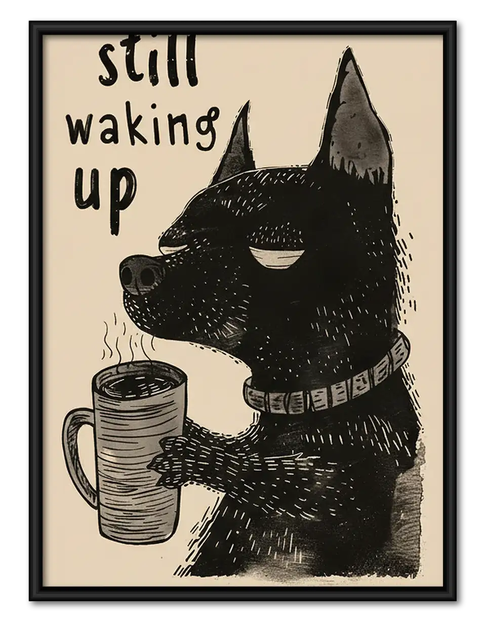 Still Waking Up Black Cat with Coffee Wall Art 1
