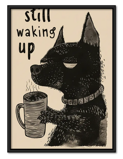 Still Waking Up Black Cat with Coffee Wall Art