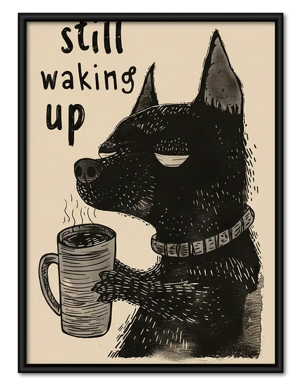 Still Waking Up Black Cat with Coffee Wall Art