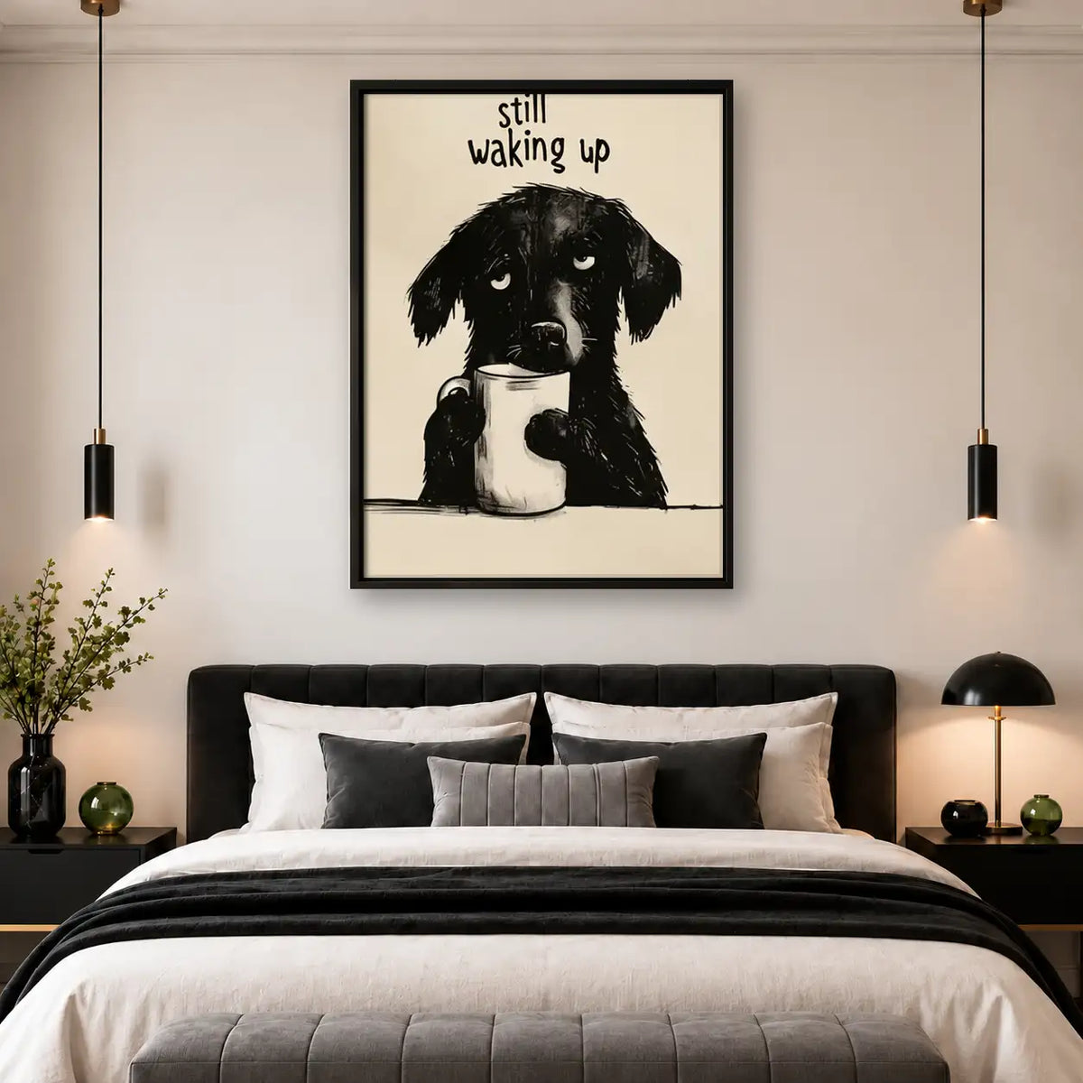 Still Waking Up Black Dog with Coffee Wall Art 4