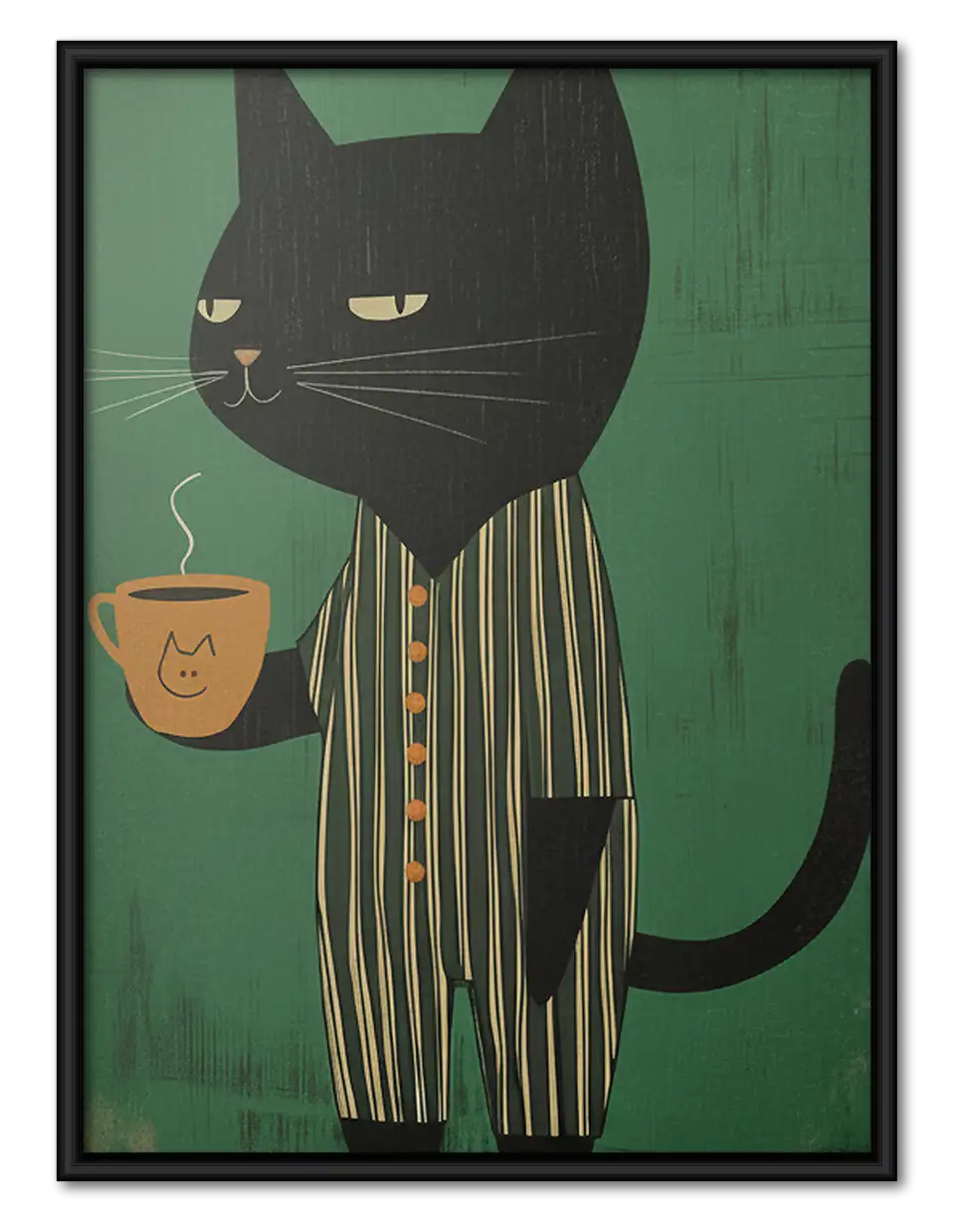 Striped Black Cat with Coffee Wall Art 1