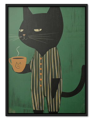 Striped Black Cat with Coffee Wall Art