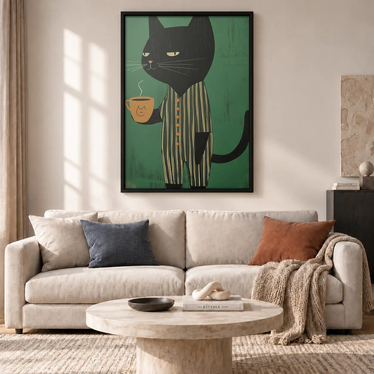 Striped Black Cat with Coffee Wall Art 2