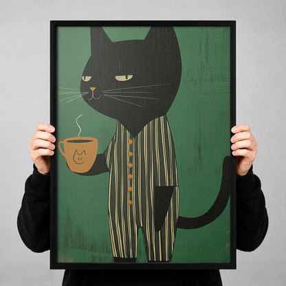 Striped Black Cat with Coffee Wall Art 3
