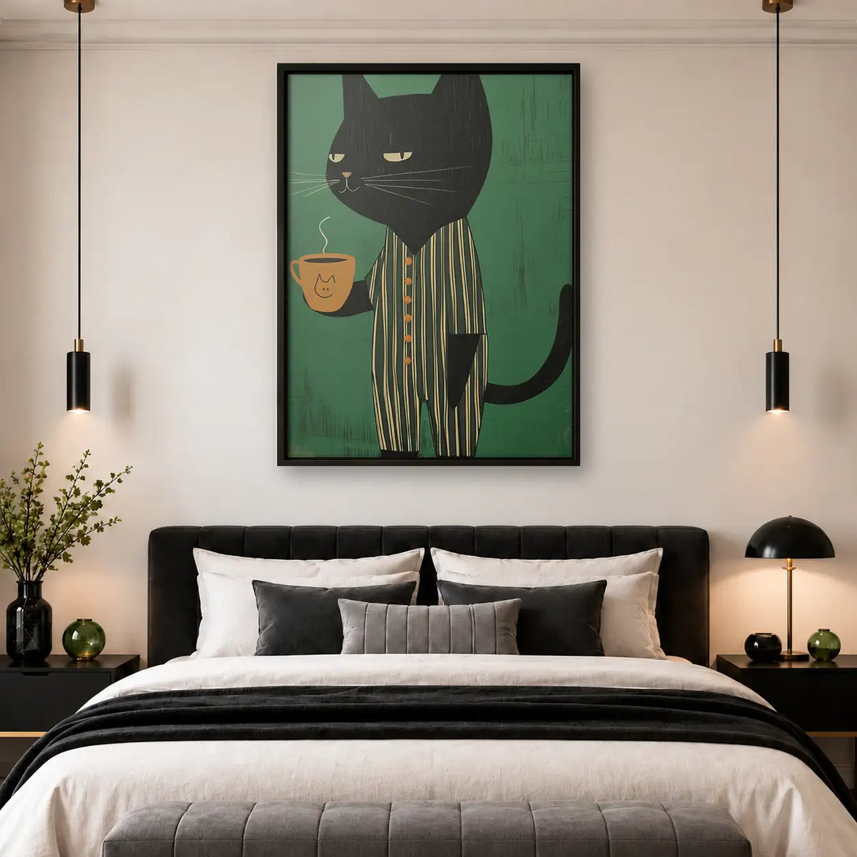 Striped Black Cat with Coffee Wall Art 4