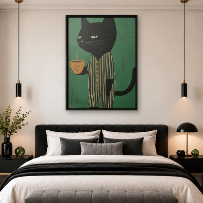 Striped Black Cat with Coffee Wall Art 4