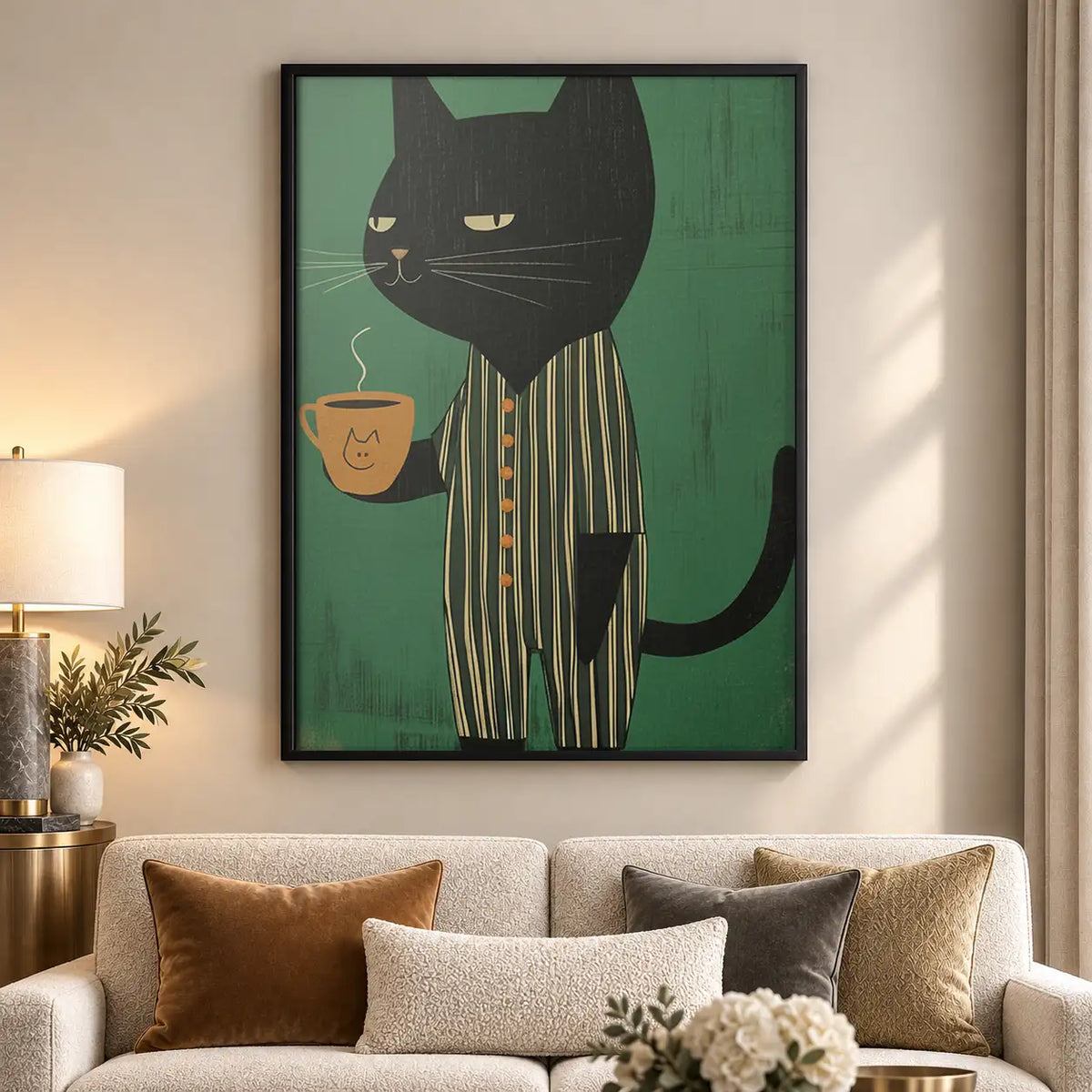 Striped Black Cat with Coffee Wall Art 5