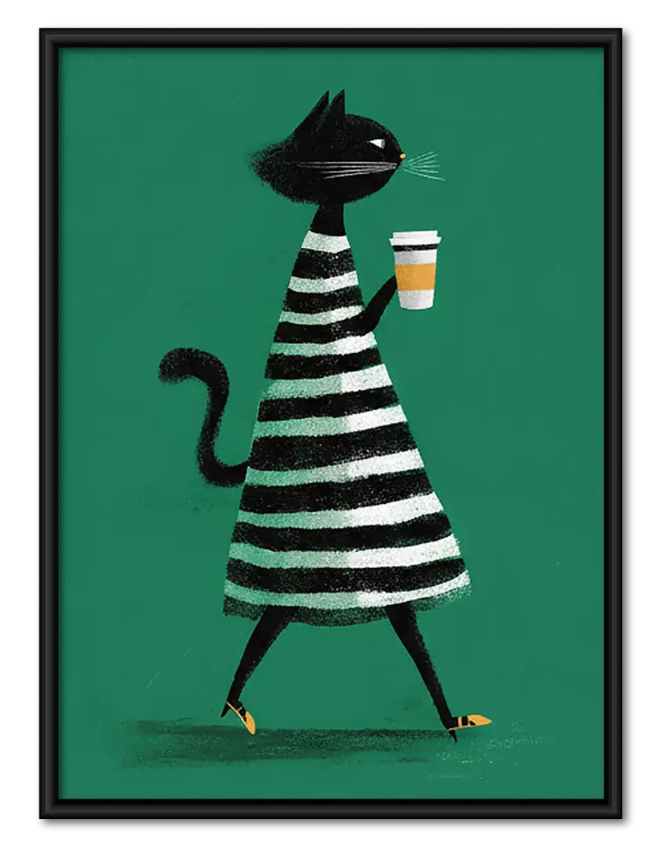 Striped Fashion Cat with Coffee Wall Art 1