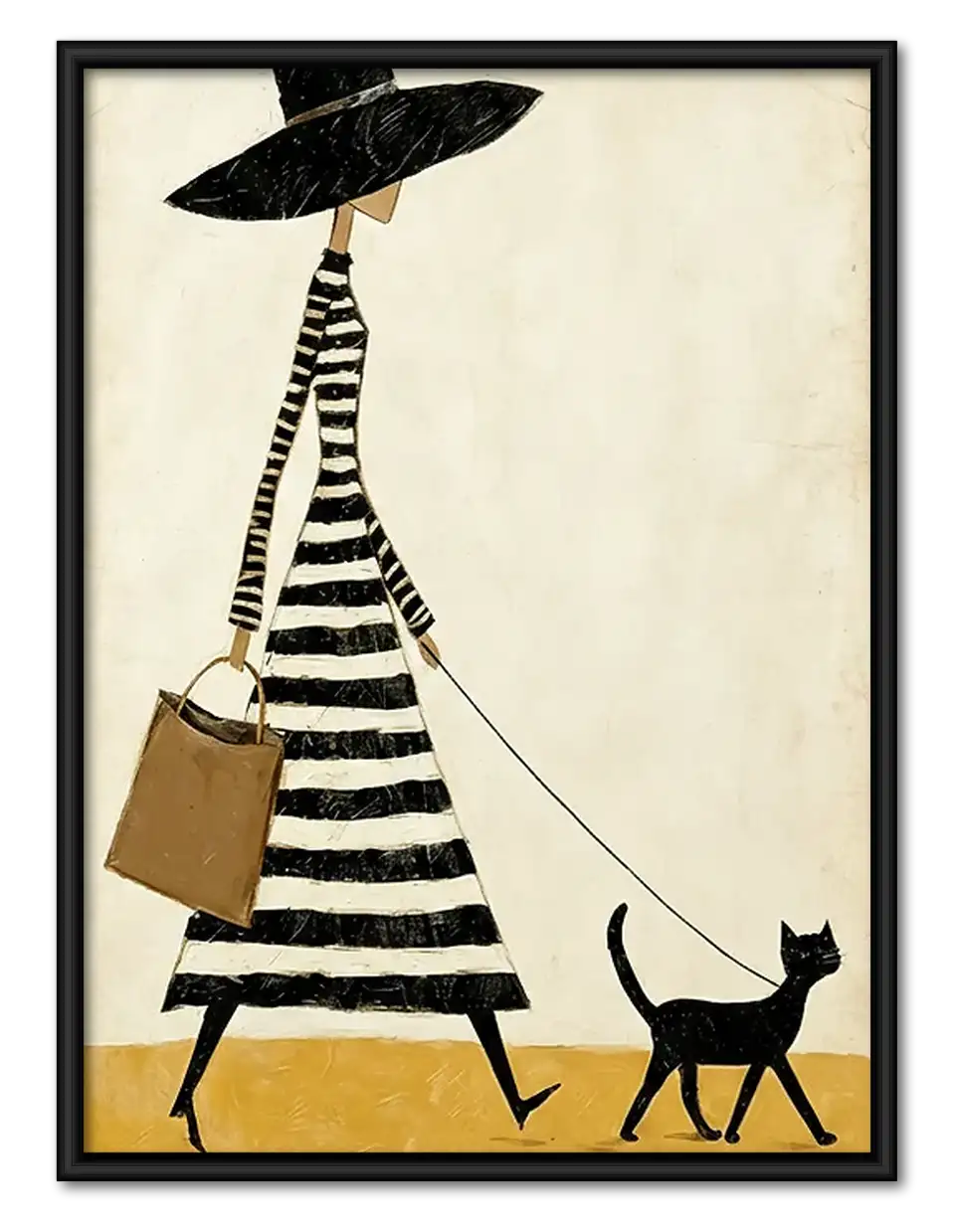 Striped Woman Walking Black Cat Wall Art 1