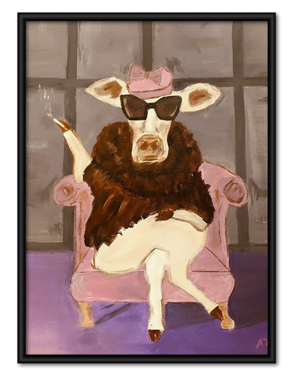 Stylish Cow in Pink Armchair Wall Art