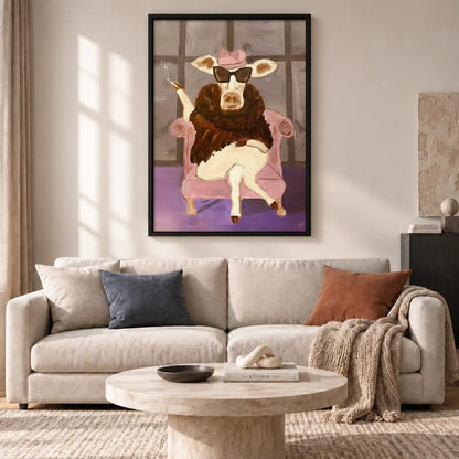 Stylish Cow in Pink Armchair Wall Art 2