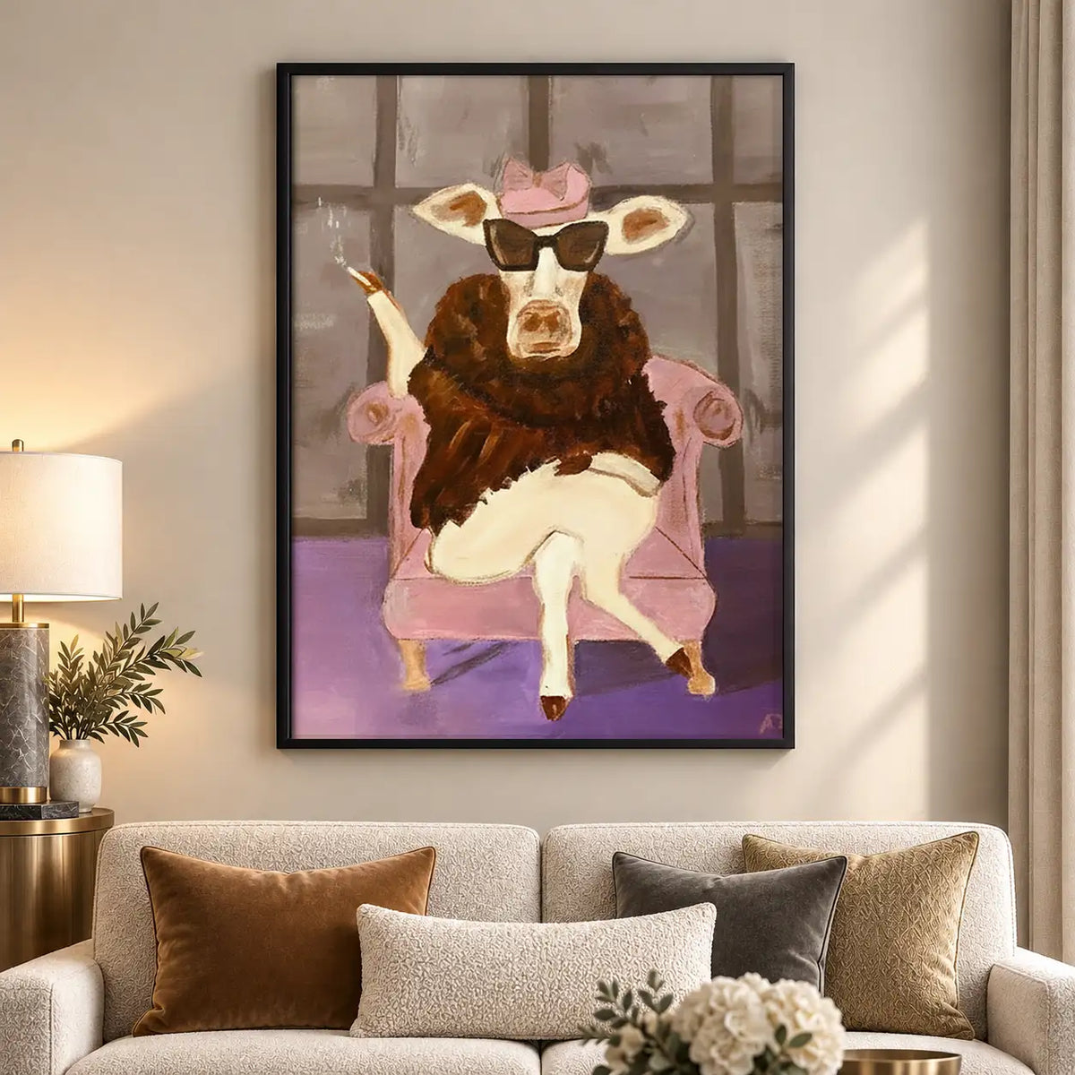 Stylish Cow in Pink Armchair Wall Art 5