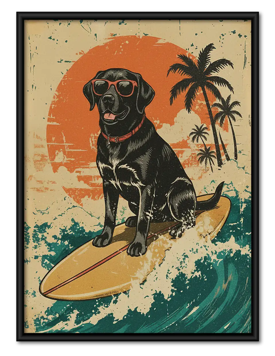Surfing Black Labrador Retro Wall Art 1
