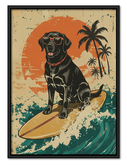 Surfing Black Labrador Retro Wall Art