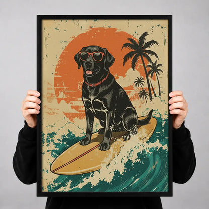 Surfing Black Labrador Retro Wall Art 3