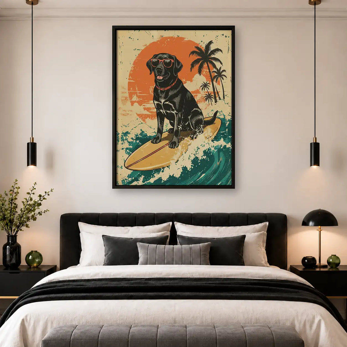 Surfing Black Labrador Retro Wall Art 4